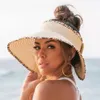 Chapéu Alto Vazio Feminino Palha Bowknot Chapéus Viseira de Viagem de Verão Meninas Aba Larga Boné Rabo de Cavalo Sol Praia Moda Coque Desarrumado Snapback Caps Protetor Solar de Férias BC815