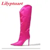 Lilyptuart Womens High Boots 2023年春、新しいファッションポイントトゥシルクエレガントな高級デザイナーバンケットパーティーシューズサイズ43