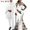 Ethnic Clothing African Couple Matching Clothes for Wedding Women Slim Mermaid Dress Bazin Riche Men Irregular Jacket Pant Sets with Hat Y23C011 230615