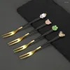 Dinnerware Sets 5Pcs Cartoon Fruit Fork Stainless Steel Mini Kids Cake Toothpick Tableware Accessories Party Decoration 14.5cm