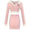 Robes de travail Sweet Girl Mode Rose Costume Femmes Vison Court Polo Col Haut Taille Haute Wrap Hanche Jupe Deux Pièces Ensemble Vêtements Féminins