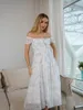 Abiti casual di base Abito floreale con spalle scoperte in chiffon Bianco Summer Beach Boho Abiti lunghi sexy Abiti lunghi eleganti con maniche a sbuffo per le donne 230615