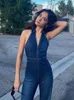 Kobiety Jumpsuits Rompers Hugcitar Denim Jumpsuit V SCICK ZAPIPER BELL Slevess Sexy Outifts Eleganckie impreza z plecakiem Summer 230615