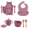 Cups Dishes Utensils 8 pieces/set baby tableware silicone baby feeding tray suction cup waterproof bib fork baby supplies 230615