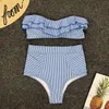 Women's Swimwear Sexy Ruffled Bikini 2023 Bandeau Women Strapless Striped Swimsuit High Waist Set Swimming For Bathing Suit