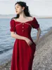 Casual Dresses Strapless Beaded Shoulder Straps Square Neck Dress Long Sleeve Autumn For Women Retro Party Red Vestidos De Fiesta