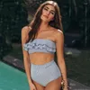 Conjunto de roupa de banho feminina sexy com babados 2023 bandeau sem alças listrado cintura alta natação para maiô