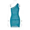 Casual Jurken Mode Vrouw Een Schouder Mouwloos Pakket Hip Gebreide Jurk 2023 Zomer Diagonale Kraag Bodycon Blue Party Club Korte