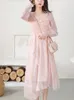 Robes décontractées rose en mousseline de soie français élégant robe femmes Dot doux fête Midi femme mode coréenne irrégulière casual Vintage été