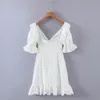 Parti Elbiseleri Kadınlar İçin Yaz Beyaz Plajı Mini Elbise Kısa Kollu Dantel Zarif Vintage Giysiler Derin V Boyun