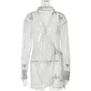 Casual Dresses 2023 Summer Sexy Women Seheugh Mesh Sequins White Shirt Dress Streetwear Turn-Down Collar Long Sleeve Bandage Short