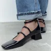 Femmes chaussures 2023 nouveau noir talon épais Mary Jane bureau élégance dame chaussures tête carrée bouche peu profonde en cuir verni chaussure unique