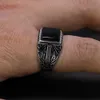 Solitaire Ring 925 Sterling Silver Rings Mens Vintage Flower Engraved Black Green Red Natural Onyx Stone Square Shape Punk Turkey Jewelry 230616