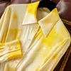 Kvinnors blusar långärmad silke tryckt skjorta för kvinnor Enkelt bruten spänne gul damkontor
