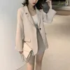 Tvådelt klänning hög midja smal elegant kostym kjol koreansk stil mode retro lös jacka 2 -stycken set solid kvinnlig affär casual 230615