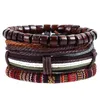 Bracelets porte-bonheur 4 pièces/ensemble Hippie Punk Boho cuir marron foncé perles de bois cordon de cire noeuds envelopper larges bracelets pour homme bijoux à la main