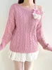 Damenpullover Rockmore Rosa Schleife Schnürung Kawaii Winter Ästhetischer Twist Strickpullover Y2K Casual Frauen Lose Schulterfrei Pullover Koreanisch