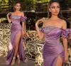 Purple Off Shoulder Evening Dresses Pleats Satin Sequins Beaded Mermaid Prom Formal Gowns For Women Arabic Aso Ebi Sexy Split Special Occasion Dress Plus Size