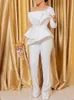 Women's Jumpsuits Rompers Women Elegant Jumpsuit White Beaded Long Sleeve Tunics Straight Wide Leg 1 Piece Outfit Rompers for Party Night Birthday Evening 230616