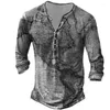 T-shirts pour hommes T-shirt à manches longues pour hommes Cothing 3D Ship Print Henley Shirt Vintage Cotton Men's Oversized Tee Man Tops