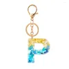 Keychains Cute Gold Foil Blue Gradient Color Resin Letter A-Z Keychain For Women Men Handbag Car Key Ring Pendant Fashion Jewelry Gifts