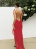 Casual Dresses Sexy V-neck Bandage Backless High Waist Hollow Out Slit Evening Woman 2023 Summer Tunics Ruffles Red Long Party Dress