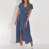 Vestidos de fiesta de verano con estampado Floral largo para mujer, vestido Sexy con escote en V dividido con cordones, vestido informal elegante de manga corta para playa para mujer