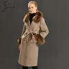 Women' Blends Cashmere Coat Spring Real Fur Collar Woolen Trench Jacket Winter Adjustable Waist Slim Ladies Long Overcoat 230615