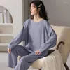 Vêtements de nuit pour femmes printemps automne tissu gaufré femmes ensembles de pyjama filles pyjamas col rond vêtements de détente Pijama Mujer vêtements de nuit mode