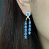 Stud Earrings Elegant Hollow Sapphire Oval Tassel Small Full Diamond Earring For Women Zircon Silver Plated Anniversary Gift Jewelry