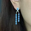 Pendientes de tuerca elegantes con borla ovalada de zafiro hueco, pendiente pequeño de diamante completo para mujer, joyería de regalo de aniversario chapada en plata de circón