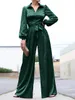 Women's Jumpsuits Rompers ZANZEA Women Fashion Satin Jumpsuits Streetwear Turn-down Collar Puff Sleeve Tie Waisted Long Rompers Commute Wide Leg Overalls 230615