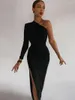 Casual Dresses Fashion Elegant Women Diagonal Collar One Shoulder Long Sleeve Evening 2023 Female High Slit Maxi Party Dress Black