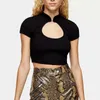 Dames T-shirts Dames Dames Uitgesneden voorkant Katoen Spandex Slim Crop Top Sexy Coltrui Fit Tee Punk Kleding Goth Shirt E Girl Hollow