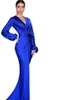 Enkla långa ärmar satin sjöjungfru aftonklänningar främre split Royal Blue Fitted Special Endan Dress for Women V-Neck veck plus storlek prom klänning