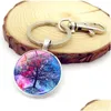 Nyckelringar Tree of Life Glass Cabochon Ring Time Gem Keychain Hanging Fashion Jewelry Will and Sandy Drop Delivery Dhwnt