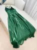 2023 Summer Emerald Green Solid Color Panelled Satin Dress Halter V-Neck Long Maxi Casual Dresses J3L127842