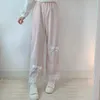 Kvinnors byxor capris japanska lolita kvinnors kawaii höga midja corduroy byxor söta båge spetsar breda ben byxor girly vintage kläder lösa söt byxor 230615