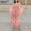 Robes décontractées basiques DEAT femme robe gâteau rose avec maille doublée manches évasées cordon de serrage taille élégante mode plage Style été 15HT424 230615