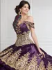 Grape Ruffles Off Shoulder Charro Quinceanera Dresses Puffy Gold Beaded Applique Corset vestidos de 15 aNos bordados mexicanos