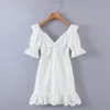 Parti Elbiseleri Kadınlar İçin Yaz Beyaz Plajı Mini Elbise Kısa Kollu Dantel Zarif Vintage Giysiler Derin V Boyun