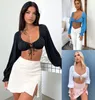 Women's T Shirts 2023 Summer Low-Cut Sexy Slimming Pleated Tie Navel Short Long Sleeve Deep V Pure Color Top