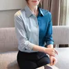 Damesblouses Koreaanse zijden shirts Dames Satijn met lange mouwen OL Elegante dames patchwokblouse Office Lady Shirt XXL Damestops