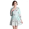 Sukienki swobodne retro eleganckie łagodne kobiety mini-długi rękaw plisowany spódnica do jesiennej mody jasnozielony kolor glam kwiatowy tunik