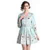 Casual Dresses Retro Elegant Gentle Women Mini Long Sleeve Pleated Skirt For Autumn Fashion Light Green Color Glam Floral V-neck Tunic