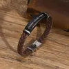 Länkarmband Herrfria personliga anpassade ID -bar i rostfritt stål med flätat läderrep Casual Manlig armband Bangles gåva