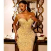 Off the Shoulder Lace Mermaid Long Prom Dresses Gold Sparkly Sheath Prom Dresses Plus Size Sweep Train Formal Party Evening Gowns