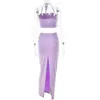 Casual Dresses Elegant Women Two-Piece Purple 2023 Summer Lace-Up Halter Neck Backless Tops High midje slits långa kjolar på kvällen