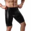Underpants Sexy Underwear Men Boxers Shorts Cuecas Black Faux Leather U Convex Pouch Mid-waist Long Leg Calzoncillos M-XXL