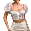 Débardeurs pour femmes StylishYoung Femmes Manches courtes bouffantes Floral Crop Tops Col carré Hook And Eye Front T-Shirts Corset (Orange White S)